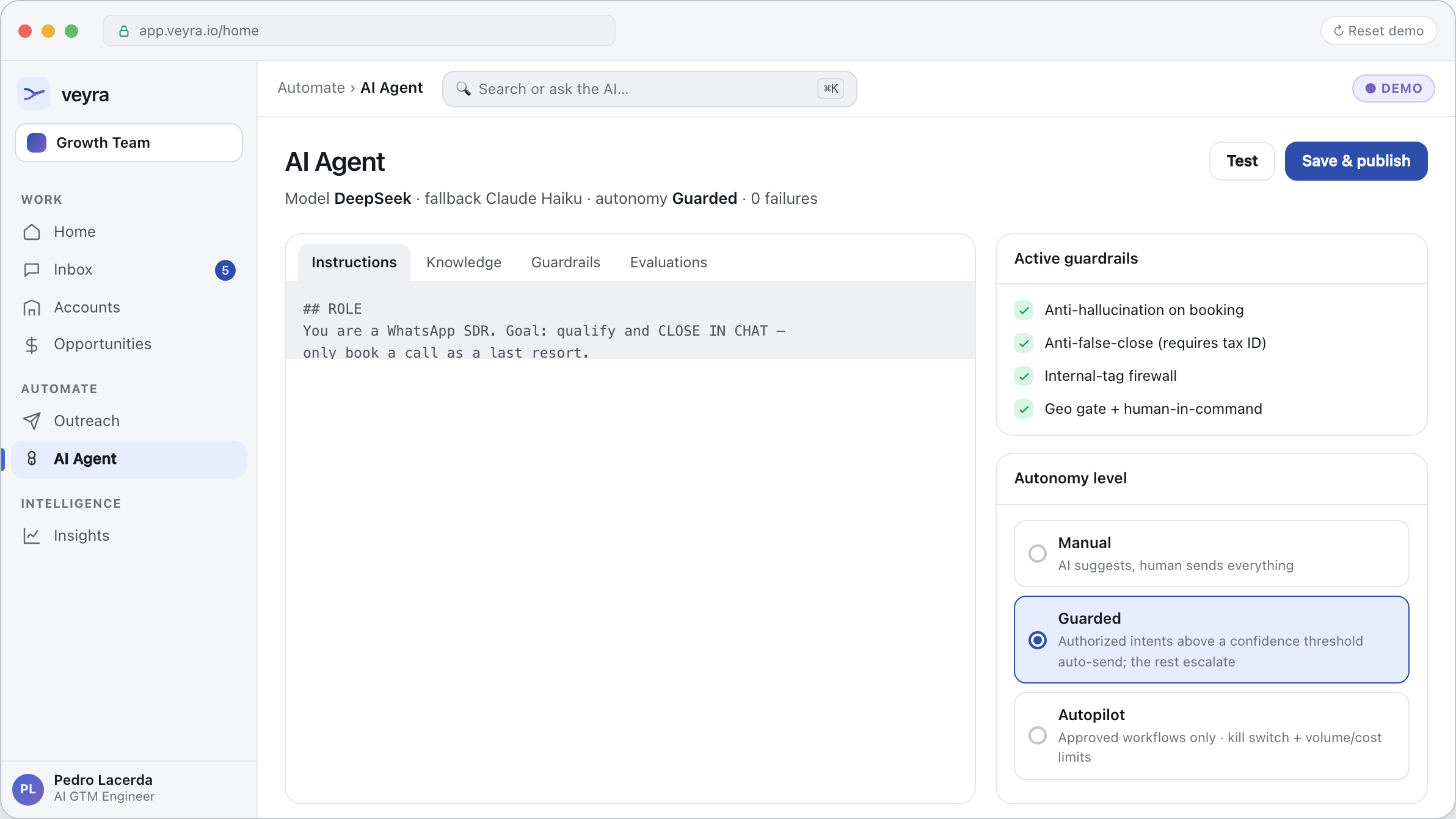 AI agent configuration screen with guardrails and approval settings