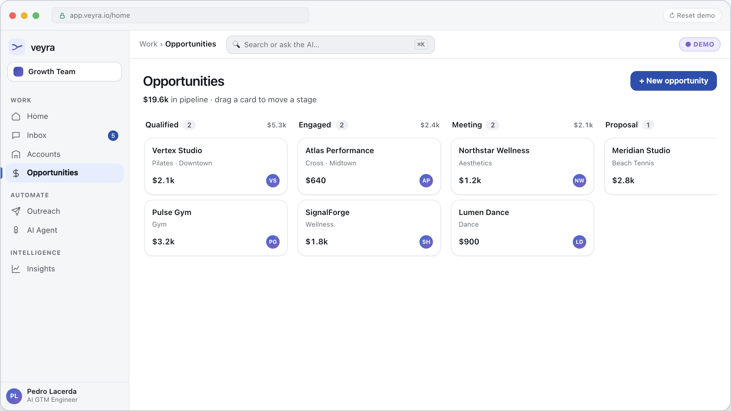 Opportunity board with pipeline stages and values